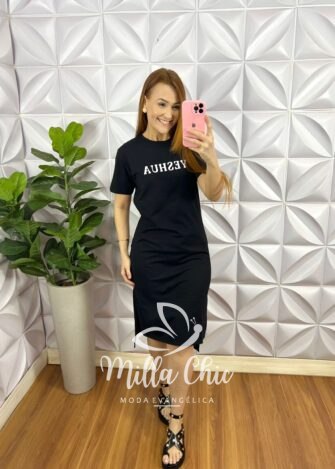 Vestido Malha 100% Algodão Com Escrita Yeshua - Preto - Milla Chic