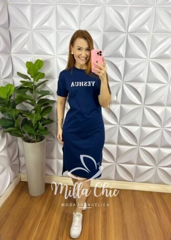 Vestido Malha 100% Algodão Com Escrita Yeshua - Azul - Milla Chic