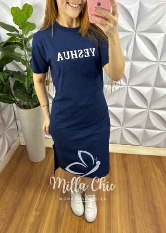 Vestido Malha 100% Algodão Com Escrita Yeshua - Azul - Milla Chic