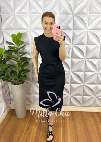 Vestido Malha 100% Algodão Manga Muscle Mariza - Azul Marinho - Milla Chic