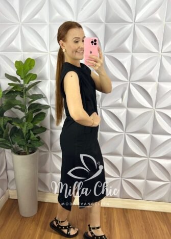Vestido Malha 100% Algodão Manga Muscle Mariza - Azul Marinho - Milla Chic