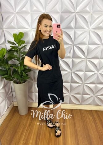 Vestido Malha 100% Algodão Manga Muscle Mariza - Azul Marinho - Milla Chic