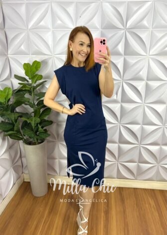 Vestido Malha 100% Algodão Manga Muscle Mariza - Azul Marinho - Milla Chic