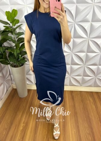 Vestido Malha 100% Algodão Manga Muscle Mariza - Azul Marinho - Milla Chic