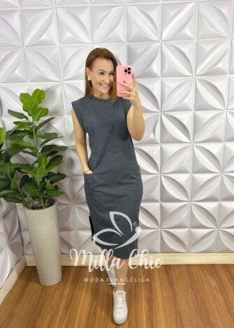 Vestido Malha 100% Algodão Manga Muscle Mariza - Cinza - Milla Chic