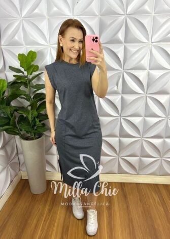 Vestido Malha 100% Algodão Manga Muscle Mariza - Cinza - Milla Chic