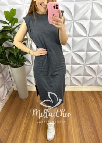 Vestido Malha 100% Algodão Manga Muscle Mariza - Cinza - Milla Chic