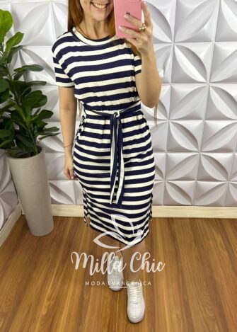 Vestido Malha Listrado Franciele - Azul Marinho - Milla Chic