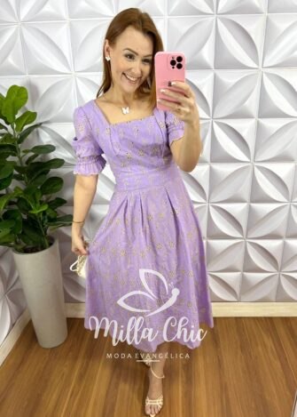 Vestido No Laíse De Algodão Bordado Mídi Liane - Lavanda - Milla Chic