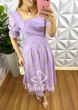 Vestido No Laíse De Algodão Bordado Mídi Liane - Lavanda - Milla Chic