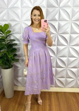Vestido No Laíse De Algodão Bordado Mídi Liane - Lavanda - Milla Chic
