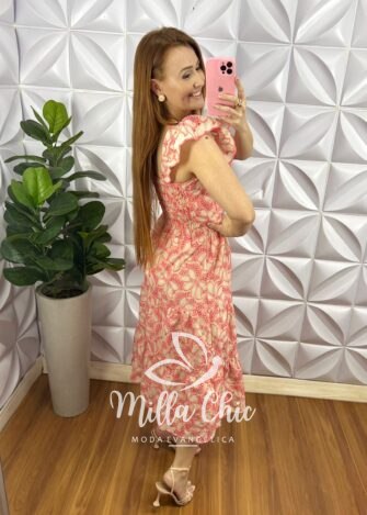 Vestido No Laíse De Algodão Manga Babadinho Mídi Fernanda - Pêssego - Milla Chic