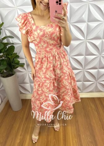 Vestido No Laíse De Algodão Manga Babadinho Mídi Fernanda - Pêssego - Milla Chic