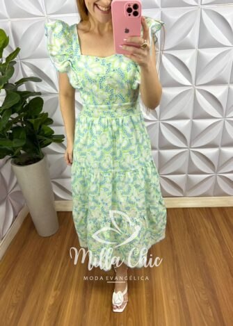 Vestido No Laíse De Algodão Manga Babadinho Mídi Fernanda - Verde - Milla Chic