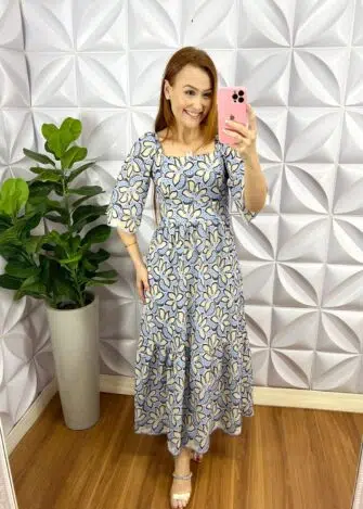 Vestido No Laíse De Algodão Manga Raglan Bordado Mídi Iris - Azul - Milla Chic