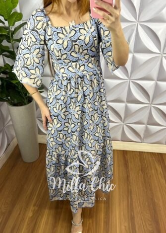 Vestido No Laíse De Algodão Manga Raglan Bordado Mídi Iris - Azul - Milla Chic