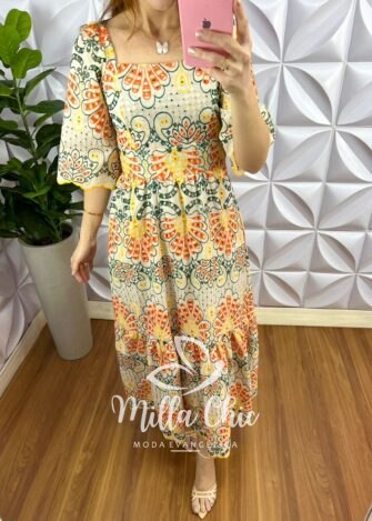 Vestido No Laíse De Algodão Manga Raglan Bordado Mídi Iris - Laranja E Verde - Milla Chic