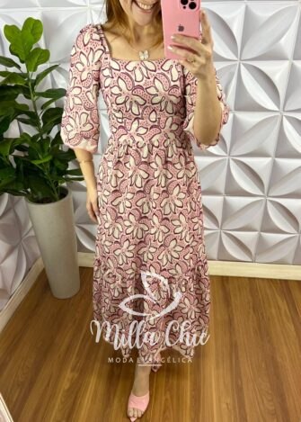 Vestido No Laíse De Algodão Manga Raglan Bordado Mídi Iris - Rosa - Milla Chic