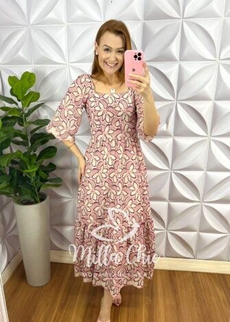 Vestido No Laíse De Algodão Manga Raglan Bordado Mídi Iris - Rosa - Milla Chic