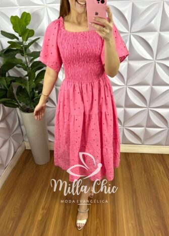 Vestido No Laíse De Algodão Mídi Manga Raglan Eduarda - Rosa - Milla Chic