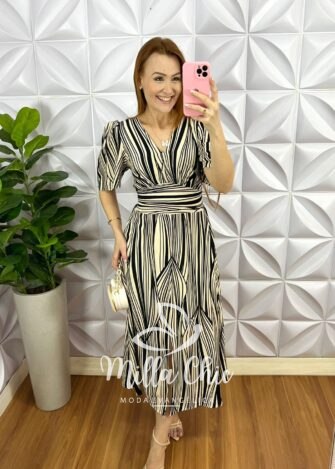 Vestido No Viscolinho Mídi Lastex Nas Costas Mariele - Preto - Milla Chic