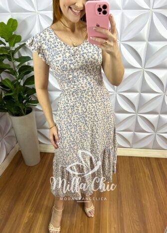 Vestido No Viscolinho Mídi Manga Babadinho Estampado Manu - Areia - Milla Chic
