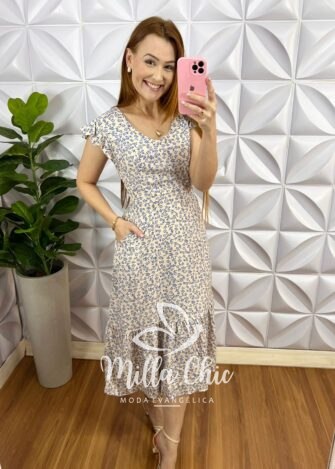 Vestido No Viscolinho Mídi Manga Babadinho Estampado Manu - Areia - Milla Chic