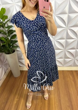 Vestido No Viscolinho Mídi Manga Babadinho Estampado Manu - Azul - Milla Chic