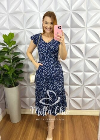 Vestido No Viscolinho Mídi Manga Babadinho Estampado Manu - Azul - Milla Chic