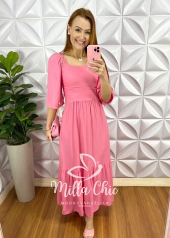 Vestido No Viscosarja Mídi Manga 3/4 Lastex Nas Costas Giovane - Rosa - Milla Chic