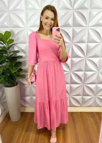 Vestido No Viscosarja Mídi Manga 3/4 Lastex Nas Costas Giovane - Rosa - Milla Chic