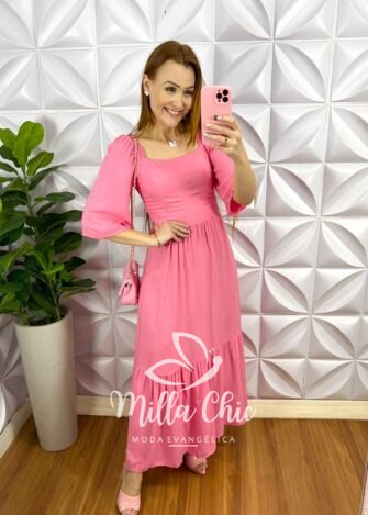 Vestido No Viscosarja Mídi Manga 3/4 Lastex Nas Costas Giovane - Rosa - Milla Chic