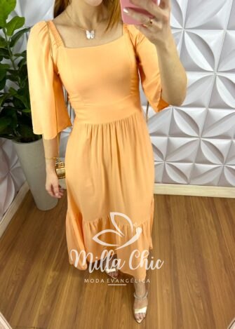 Vestido No Viscosarja Mídi Manga 3/4 Lastex Nas Costas Giovane - Salmão - Milla Chic