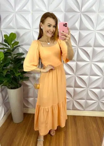 Vestido No Viscosarja Mídi Manga 3/4 Lastex Nas Costas Giovane - Salmão - Milla Chic