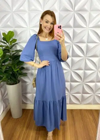 Vestido No Viscosarja Mídi Manga 3/4 Lastex Nas Costas Giovane - Salmão - Milla Chic