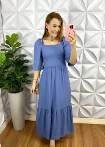 Vestido No Viscosarja Mídi Manga 3/4 Lastex Nas Costas Giovane - Salmão - Milla Chic