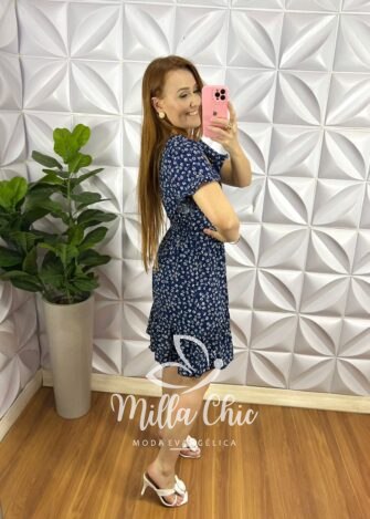 Vestido No Viscose Curto Manga Com Babadinho Estampado Fabia - Azul - Milla Chic