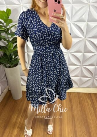 Vestido No Viscose Curto Manga Com Babadinho Estampado Fabia - Azul - Milla Chic