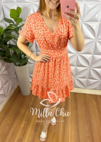 Vestido No Viscose Curto Manga Com Babadinho Estampado Fabia - Laranja - Milla Chic