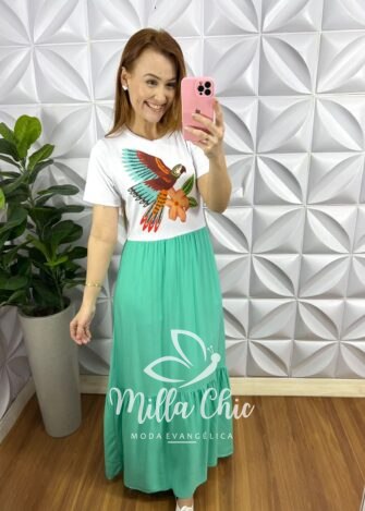 Vestido Saia No Viscosarja Com Blusa Em Malha Romantic Fallon - Verde Água - Milla Chic