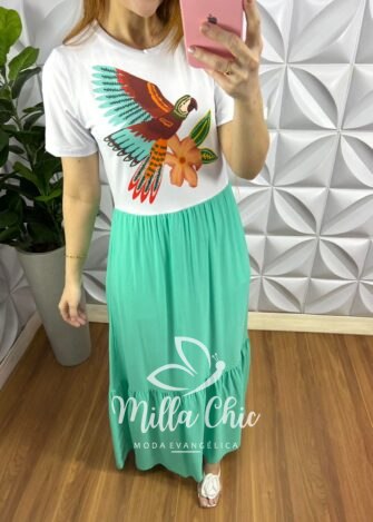 Vestido Saia No Viscosarja Com Blusa Em Malha Romantic Fallon - Verde Água - Milla Chic