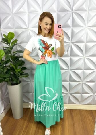 Vestido Saia No Viscosarja Com Blusa Em Malha Romantic Fallon - Verde Água - Milla Chic