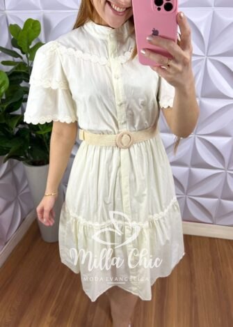 Vestido Tricoline Com Bordados De Guipper e Cinto Stefani - Amarelo Manteiga - Milla Chic