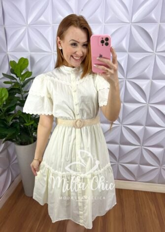 Vestido Tricoline Com Bordados De Guipper e Cinto Stefani - Amarelo Manteiga - Milla Chic