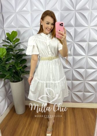 Vestido Tricoline Com Bordados De Guipper e Cinto Stefani - Branco - Milla Chic