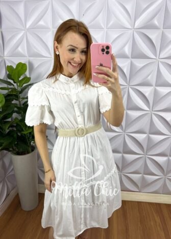 Vestido Tricoline Com Bordados De Guipper e Cinto Stefani - Branco - Milla Chic