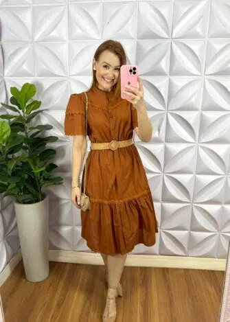 Vestido Tricoline Com Bordados De Guipper e Cinto Stefani - Branco - Milla Chic
