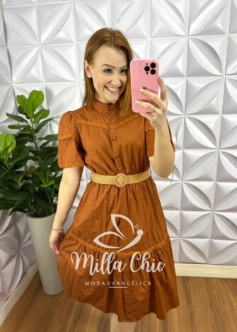 Vestido Tricoline Com Bordados De Guipper e Cinto Stefani - Terra Cota - Milla Chic