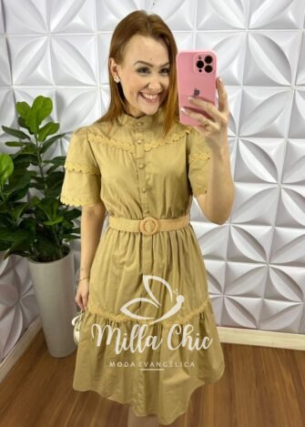 Vestido Tricoline Com Bordados De Guipper e Cinto Stefani - Capuchino - Milla Chic