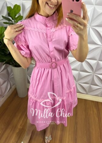 Vestido Tricoline Com Bordados De Guipper e Cinto Stefani - Rosa Ballet - Milla Chic